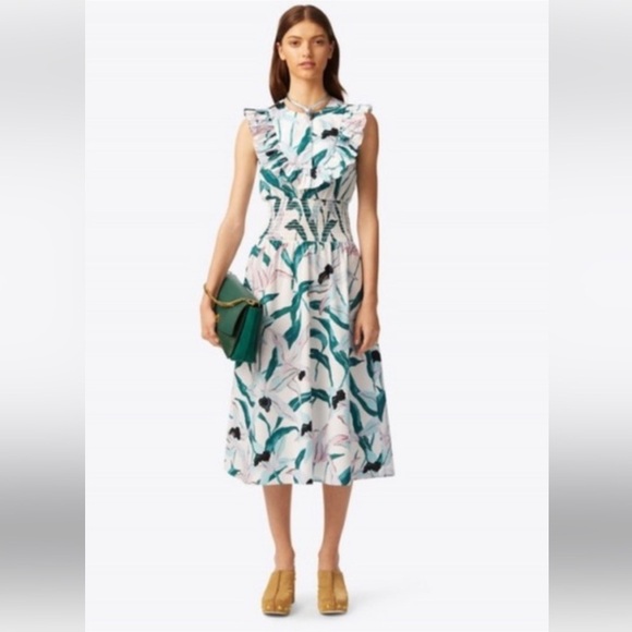 Tory Burch Floral Smoked Printed Dress Ivory Desert Sz M - Picture 1 of 7
